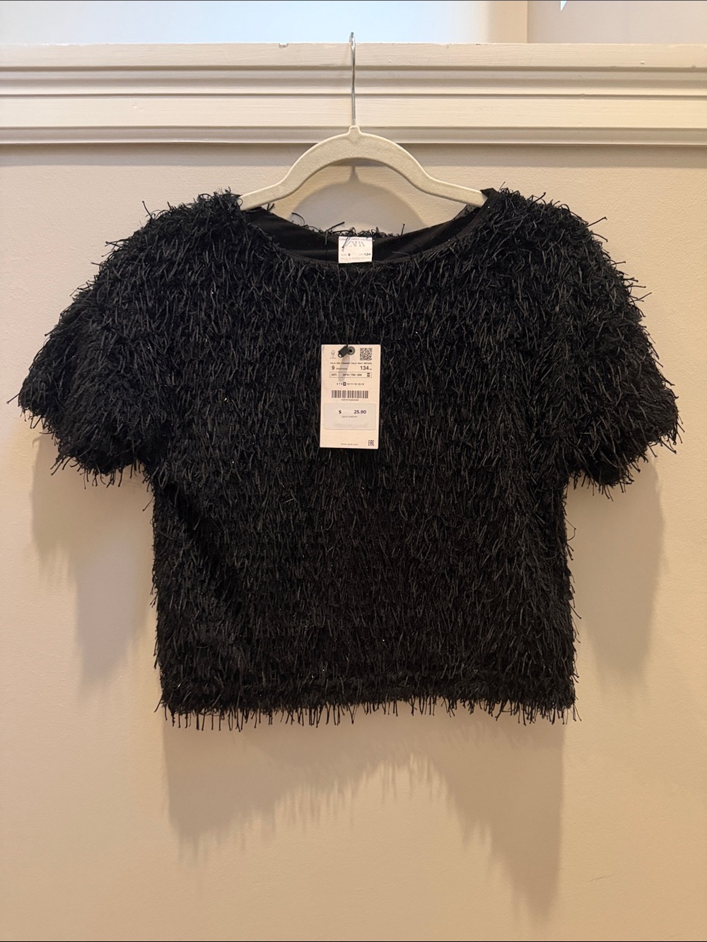 NWT Zara Girls Black Fringe Black Metallic Textured Short-Sleeve Sweater Sz 9